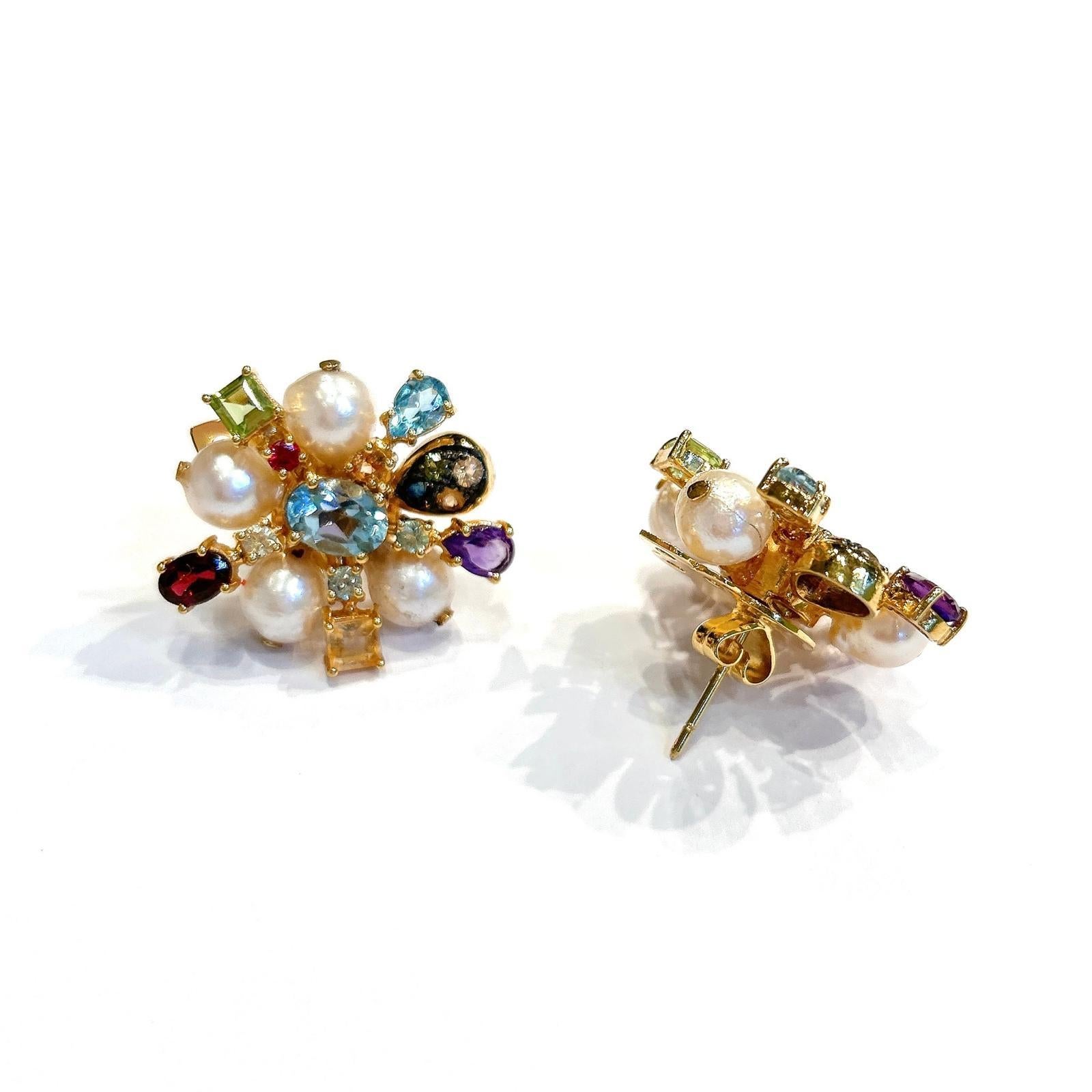 Bochic “Orient” Vintage Retro Multi Gem Burst Earrings Set 18K Gold & Silver For Sale 3