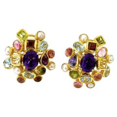 Bochic “Orient” Vintage Retro Multi Gem Burst Earrings Set 18K Gold & Silver