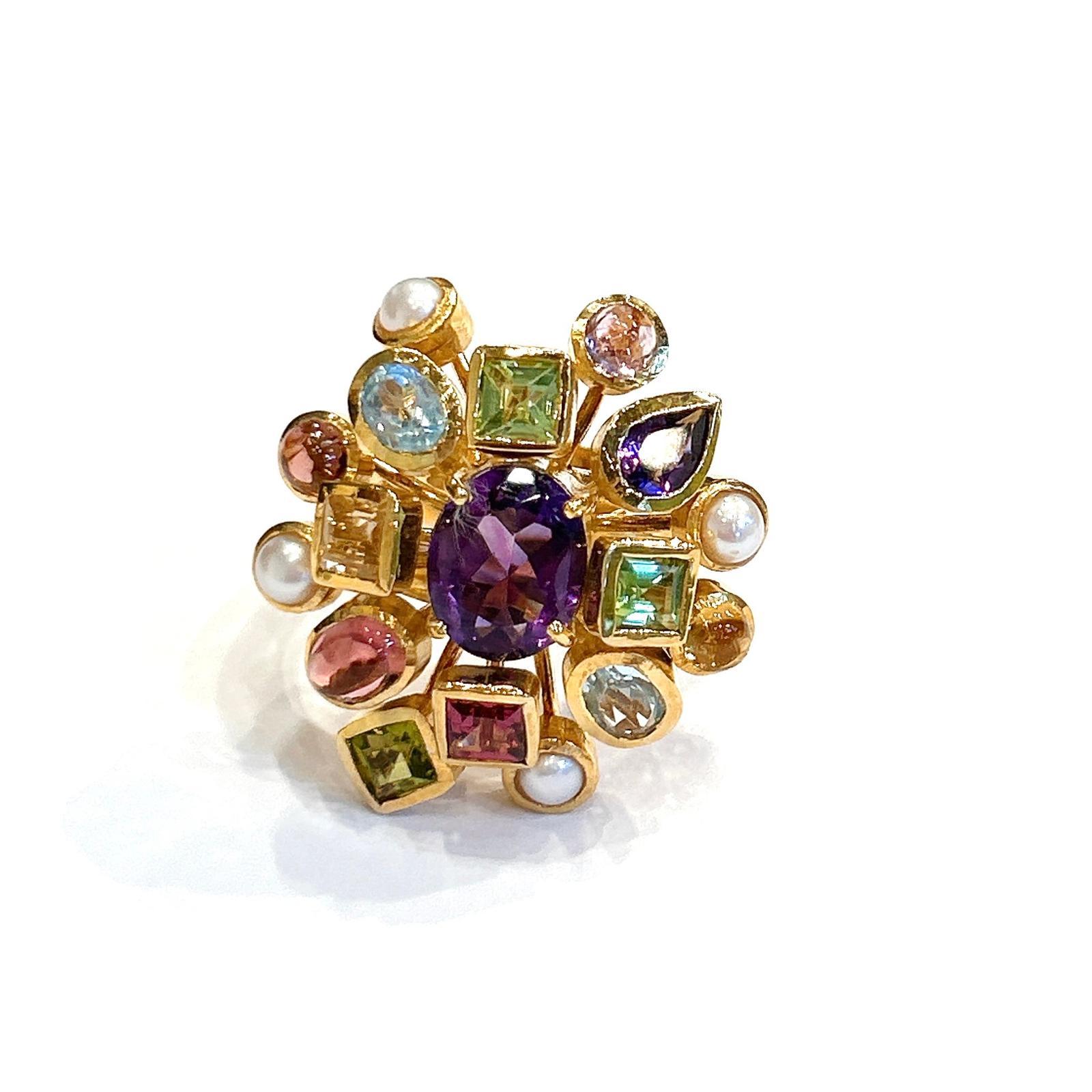 Art Nouveau Bochic “Orient” Vintage Retro Multi Gem Burst Ring Set In 18K Gold & Silver For Sale