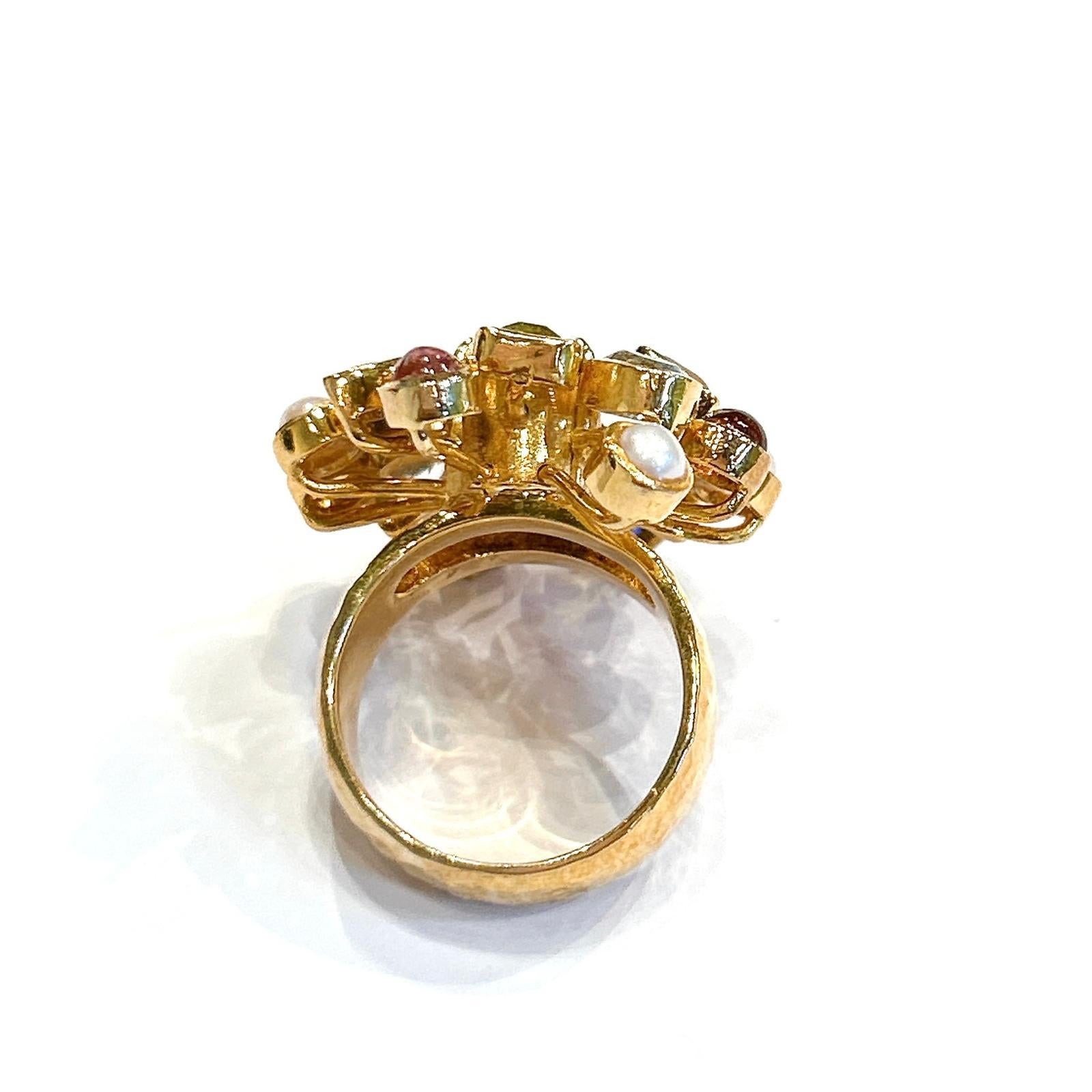 Bochic “Orient” Vintage Retro Multi Gem Burst Ring Set In 18K Gold & Silver For Sale 1