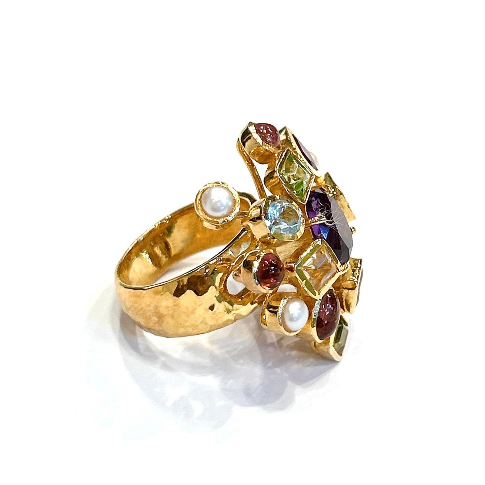 Bochic “Orient” Vintage Retro Multi Gem Burst Ring Set In 18K Gold & Silver For Sale 2