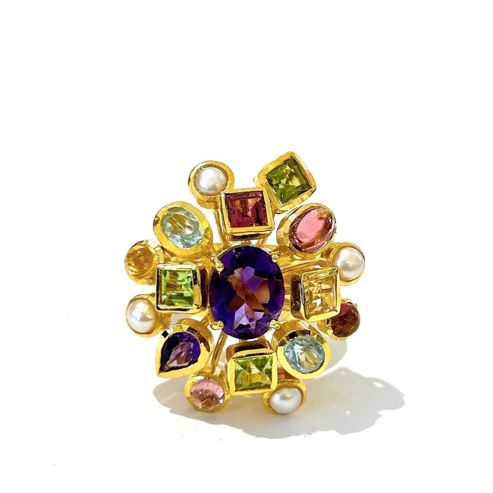 Bochic “Orient” Vintage Retro Multi Gem Burst Ring Set In 18K Gold & Silver For Sale 3