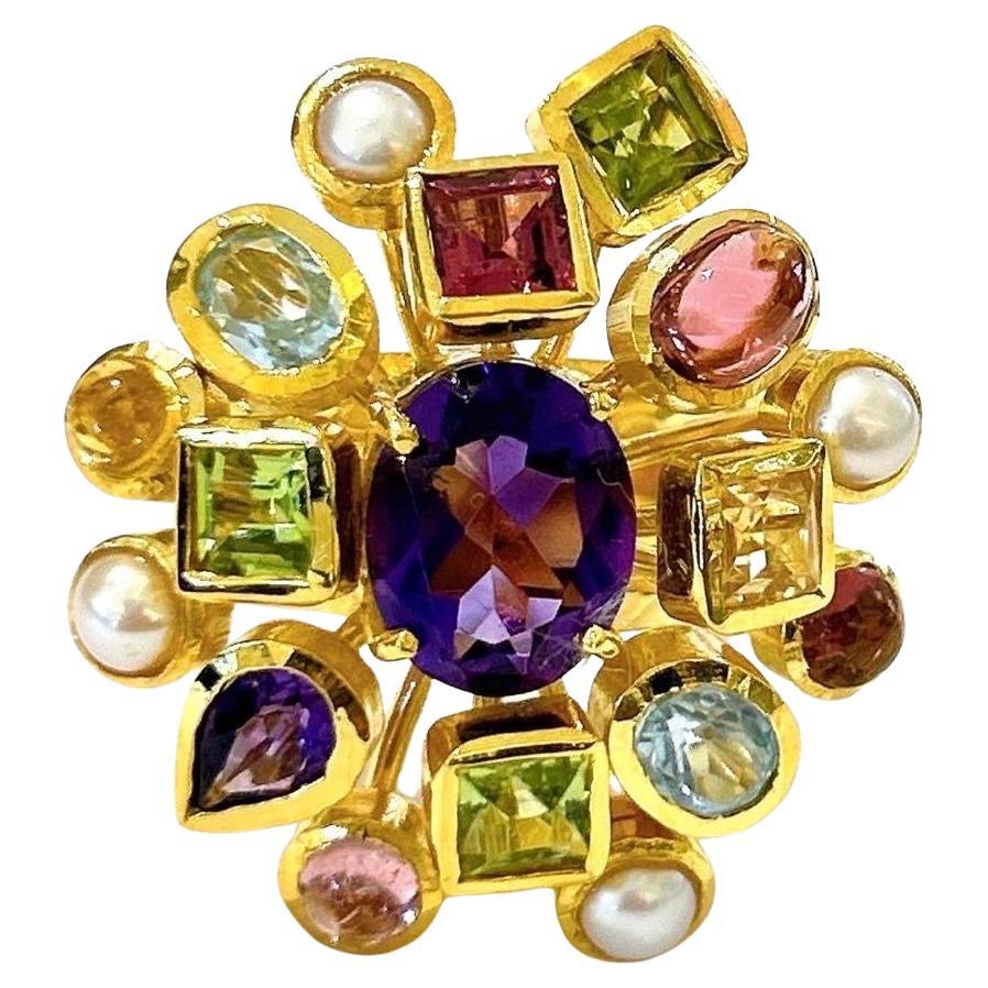 Bochic “Orient” Vintage Retro Multi Gem Burst Ring Set In 18K Gold & Silver