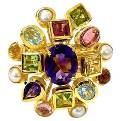 Bochic “Orient” Vintage Retro Multi Gem Burst Ring Set In 18K Gold & Silver