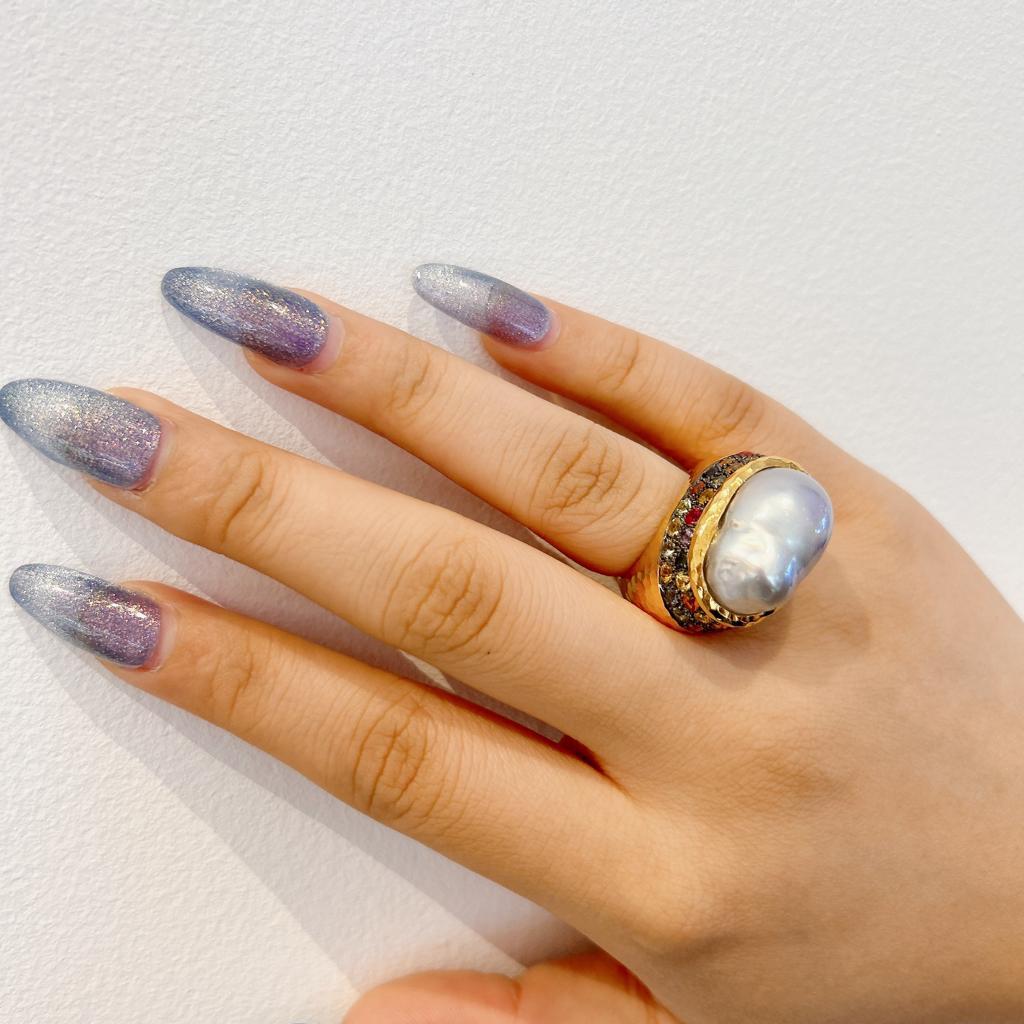 Women's or Men's Bochic “Orient” Vintage Retro Pearl & Multi Sapphire Ring Set 18K Gold & Silver For Sale