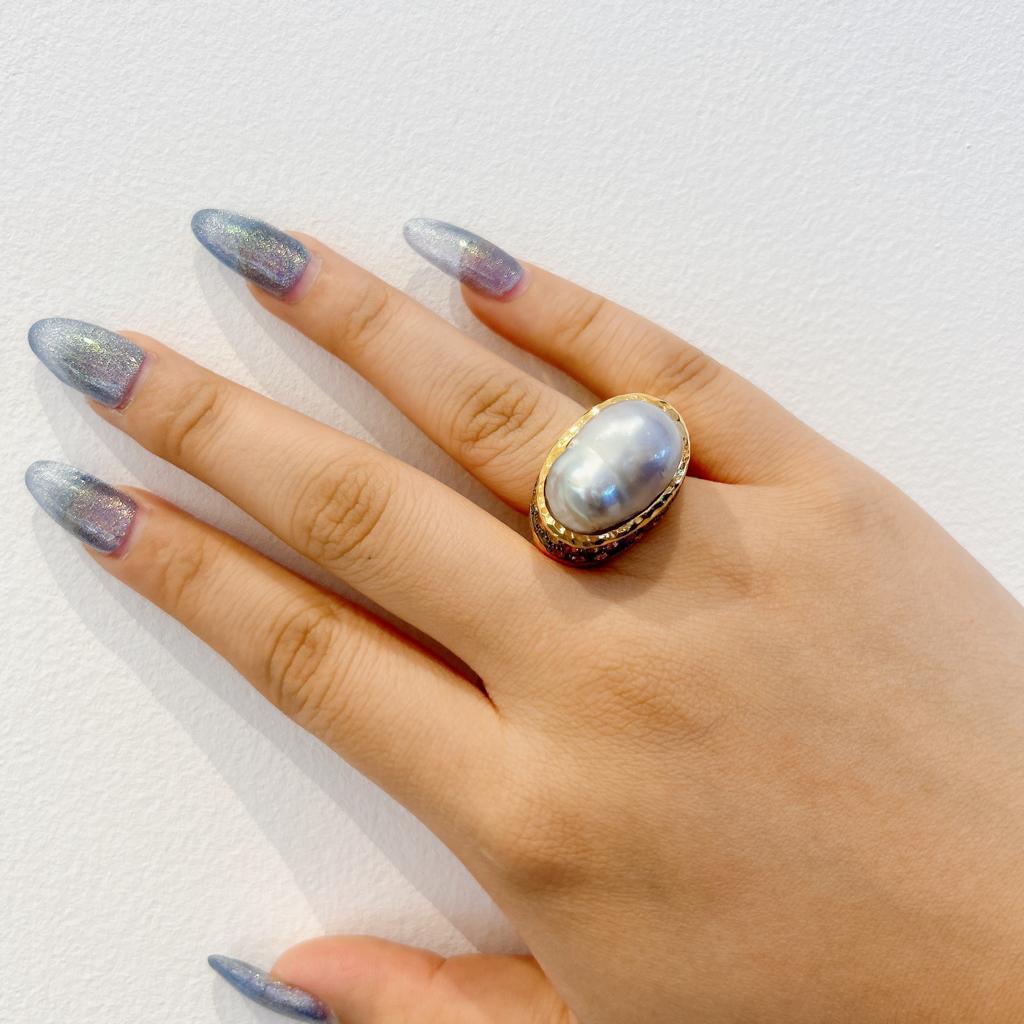 Bochic “Orient” Vintage Retro Pearl & Multi Sapphire Ring Set 18K Gold & Silver For Sale 3