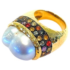 Bochic “Orient” Vintage Retro Pearl & Multi Sapphire Ring Set 18K Gold & Silver