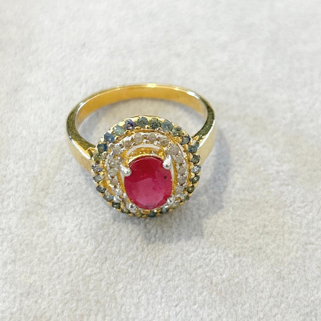 Anglo-Indian Bochic “Orient” Vintage Retro Ruby & Diamond  Ring Set In 18K Gold & Silver  For Sale