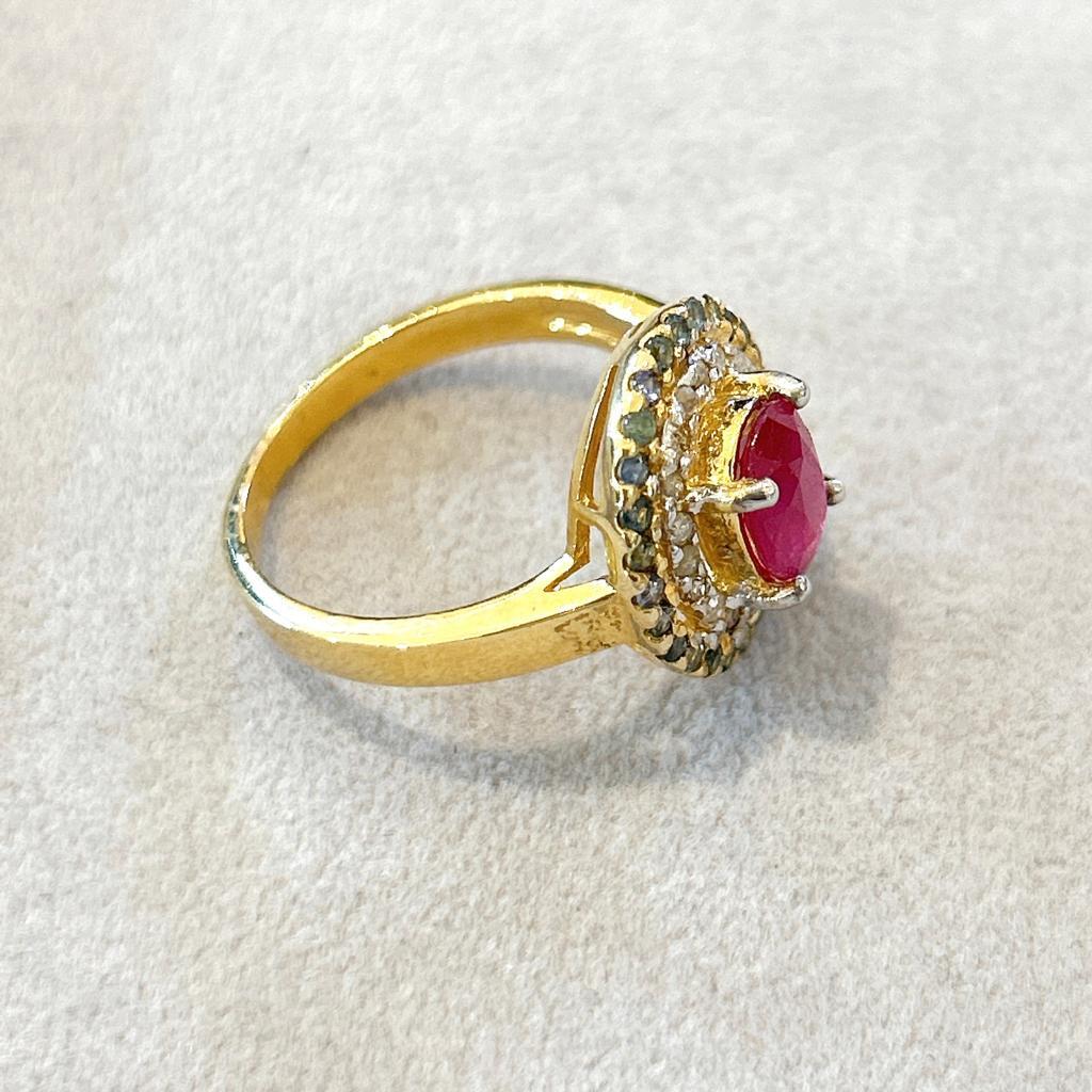Brilliant Cut Bochic “Orient” Vintage Retro Ruby & Diamond  Ring Set In 18K Gold & Silver  For Sale