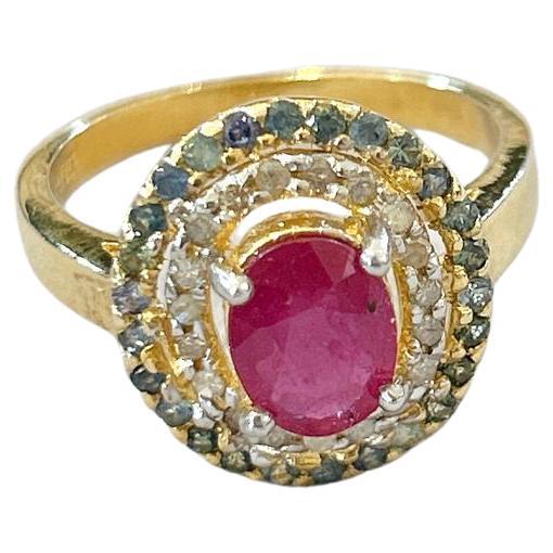 Bochic “Orient” Vintage Retro Ruby & Diamond  Ring Set In 18K Gold & Silver  For Sale