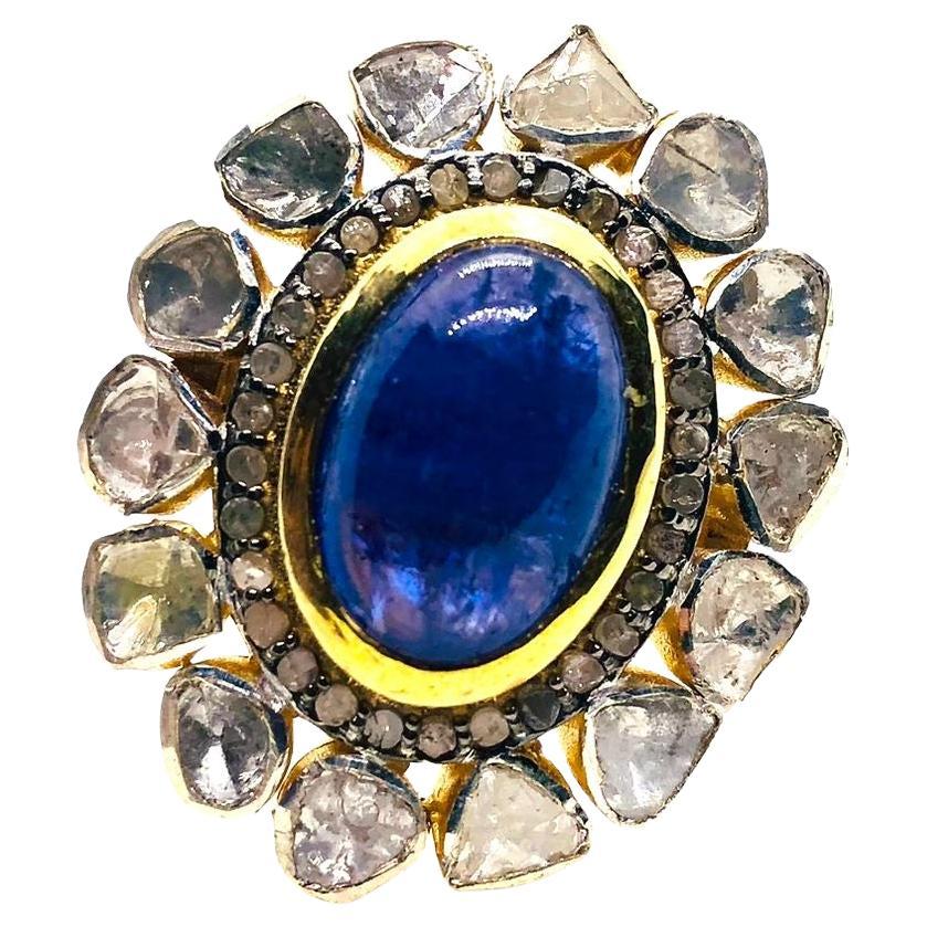 Bochic "Orient" Anello vintage con diamanti taglio rosa e tanzanite in oro e argento 18 carati