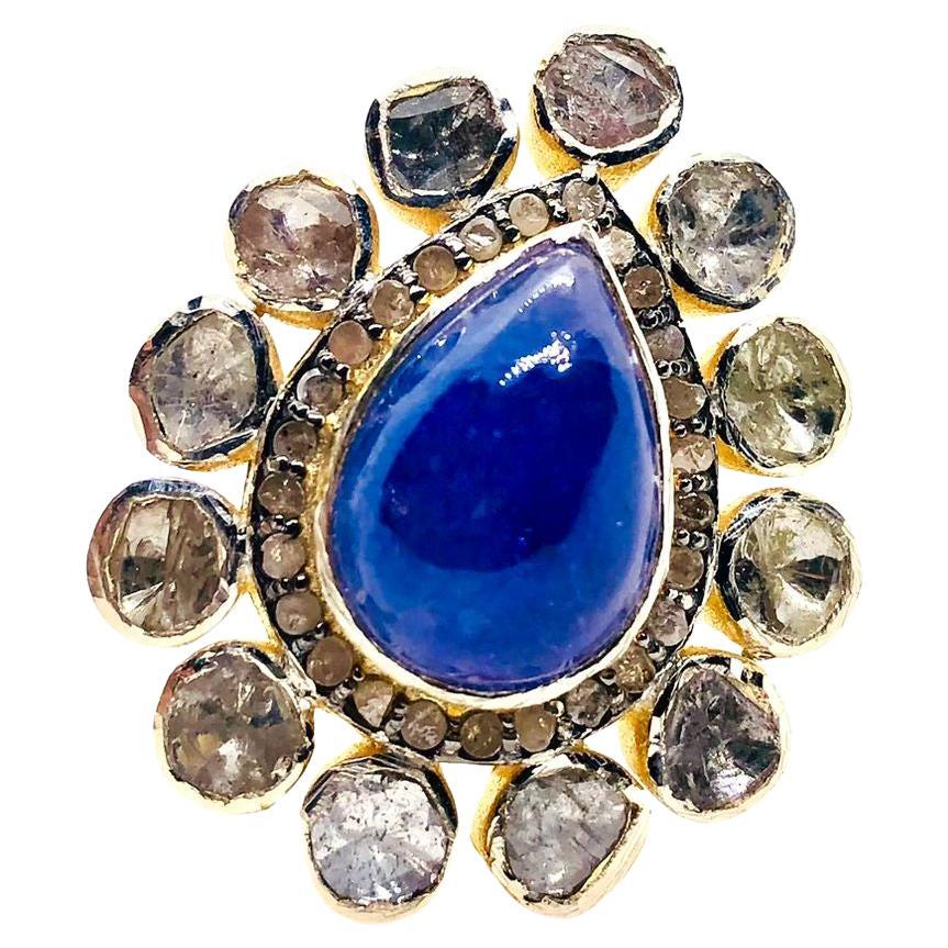 Bochic "Orient" Anello vintage con diamanti taglio rosa e tanzanite in oro e argento 18 carati