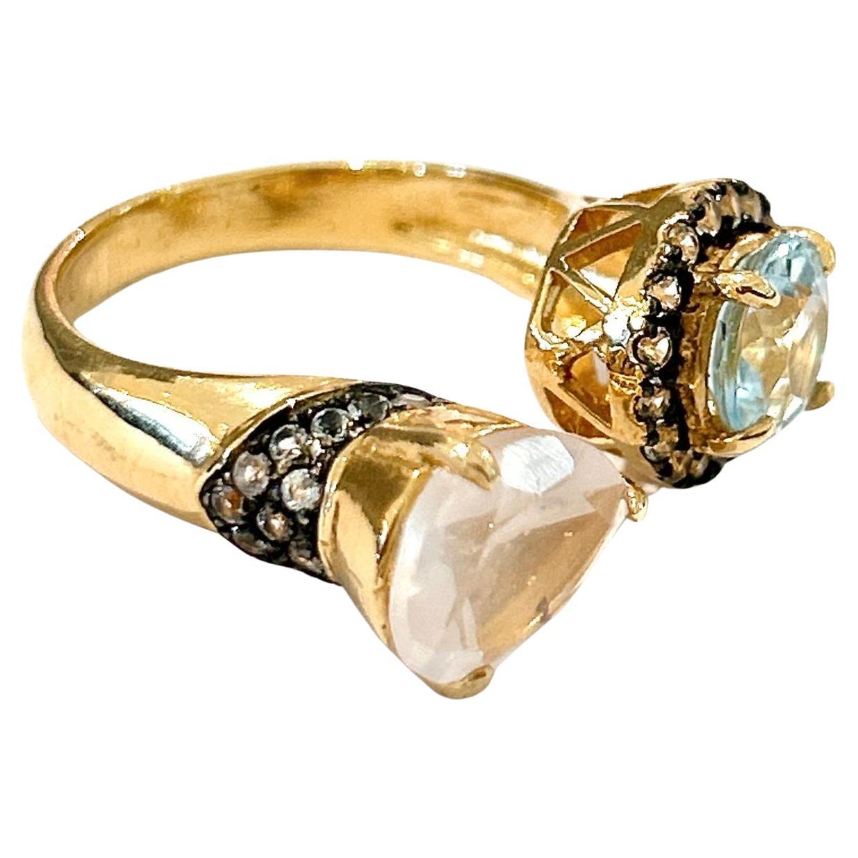 Bochic “Orient” Vintage Rose Quartz & Blue Topaz Ring Set In 18K Gold & Silver For Sale