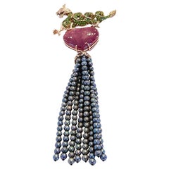 Bochic “Orient” Vintage Ruby & Black Pearl Brooch Set 18K Gold & Silver Circa 80