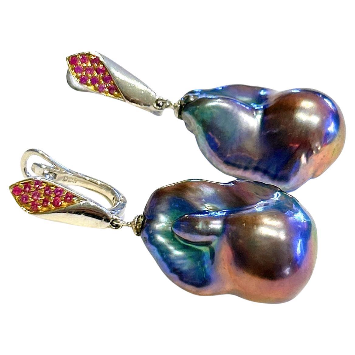 Bochic “Orient” Vintage Ruby 
Black Pearl Earrings Set 18K Gold 
Silver For Sale