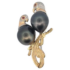 Bochic “Orient” Vintage Ruby & Black Tahiti Pearl Brooch Set In 18K Gold & Silve
