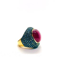Anello Bochic "Orient" con rubino d'epoca e zaffiro blu in oro e argento 18 K.