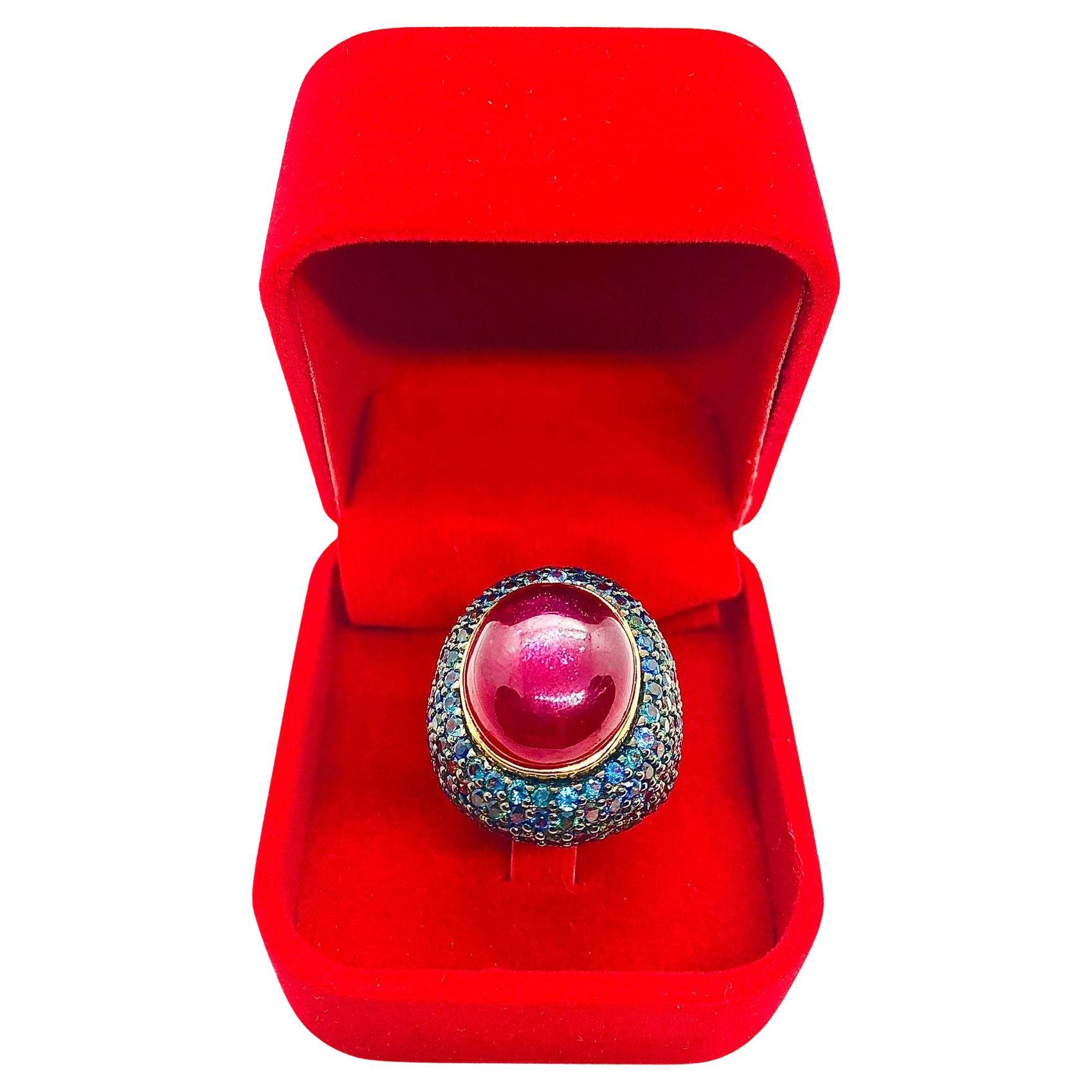 Bochic "Orient" Vintage Rubin & blauer Saphir Ring Set in 18 K Gold & Silber im Angebot