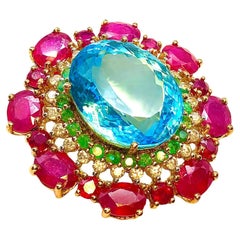 Bochic “Orient” Vintage Ruby, Blue Topaz & Diamond Brooch/ Pendent - 18K Gold &