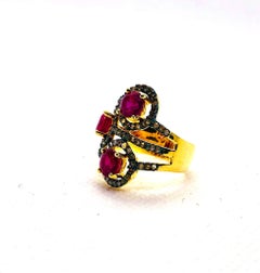 Bochic “Orient” Vintage Ruby & Diamond Cluster Ring 18K Gold & Silver