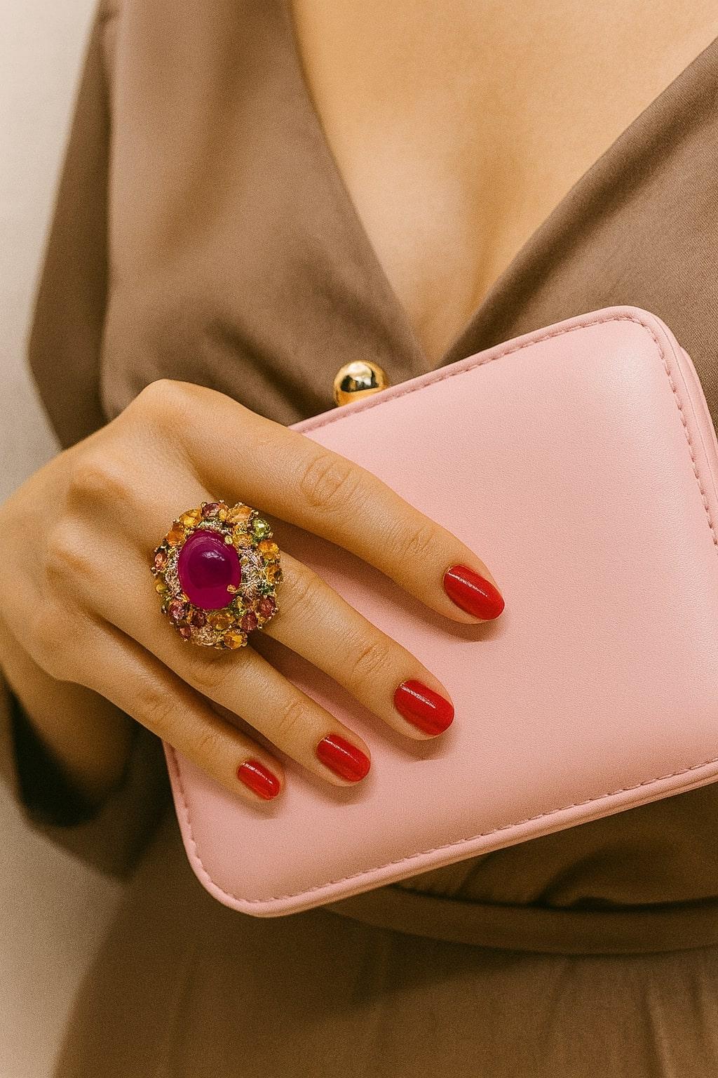 Brilliant Cut Bochic “Orient” Vintage Ruby, Diamond & Multi Sapphire Ring Set In 18K Gold & Si For Sale