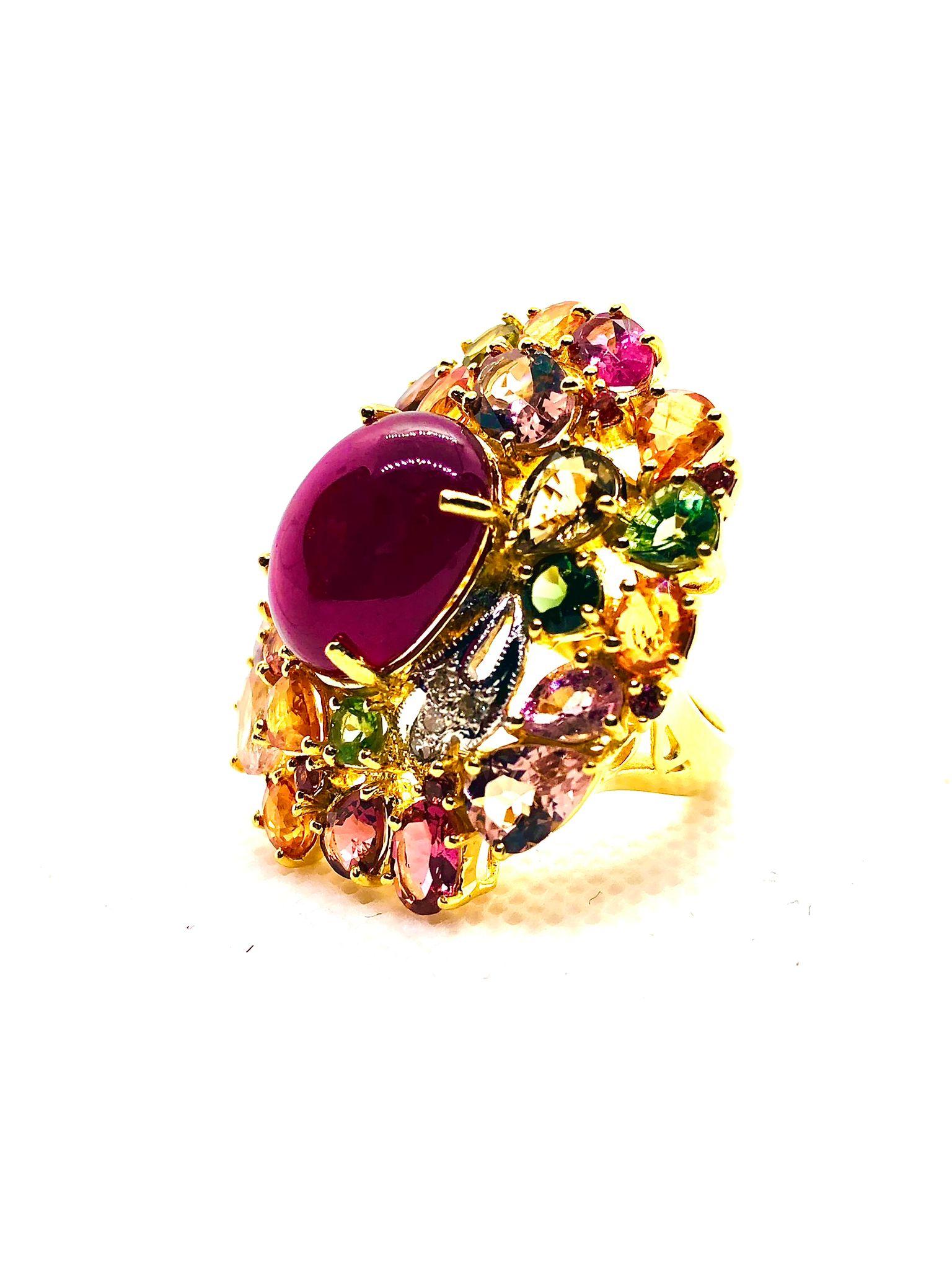 Women's or Men's Bochic “Orient” Vintage Ruby, Diamond & Multi Sapphire Ring Set In 18K Gold & Si For Sale