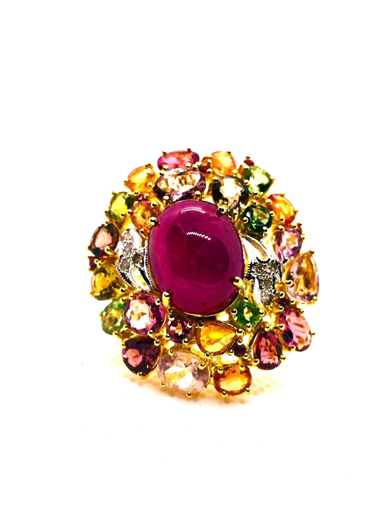 Bochic “Orient” Vintage Ruby, Diamond & Multi Sapphire Ring Set In 18K Gold & Si For Sale 2