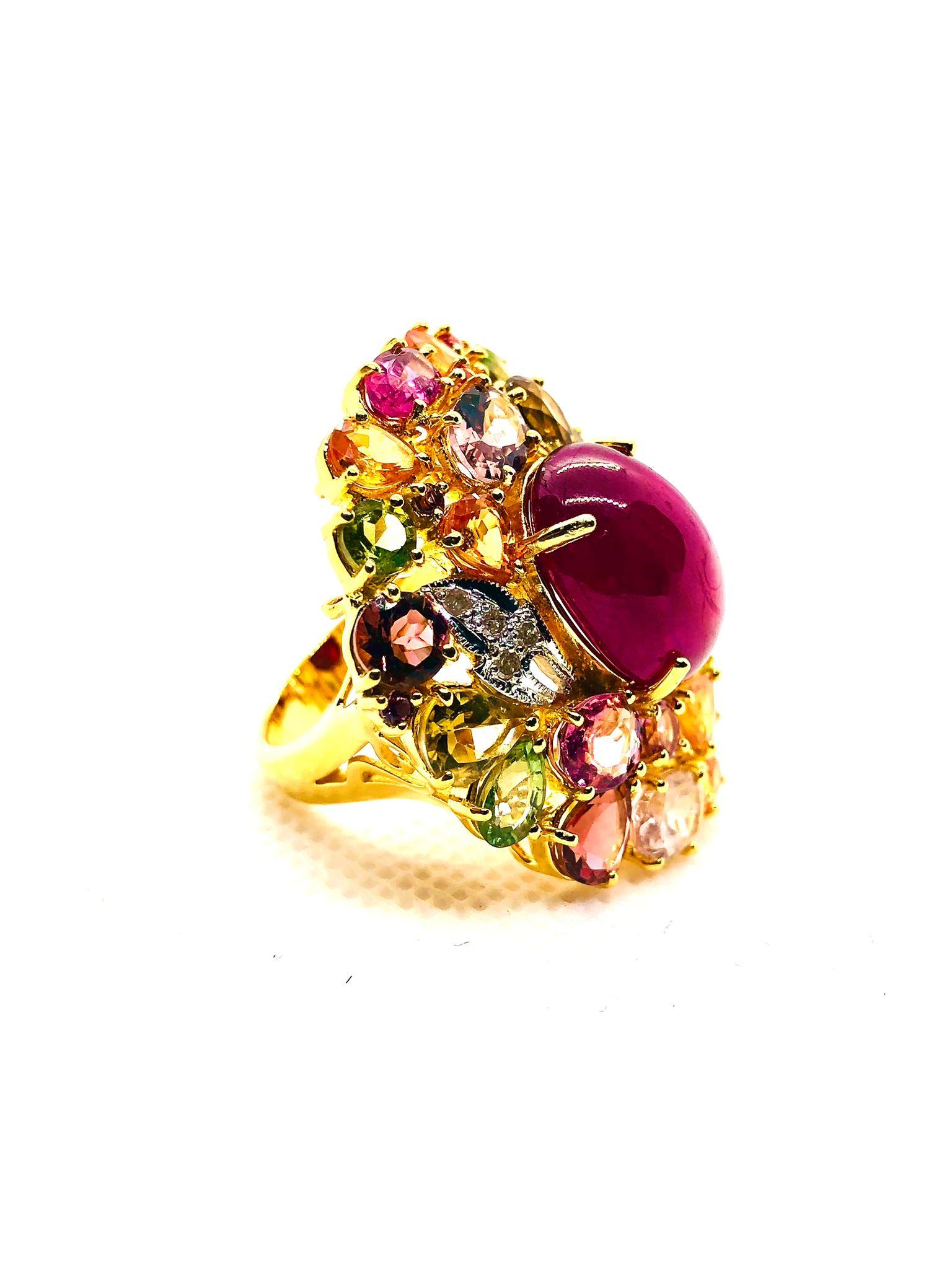 Bochic “Orient” Vintage Ruby, Diamond & Multi Sapphire Ring Set In 18K Gold & Si For Sale 4