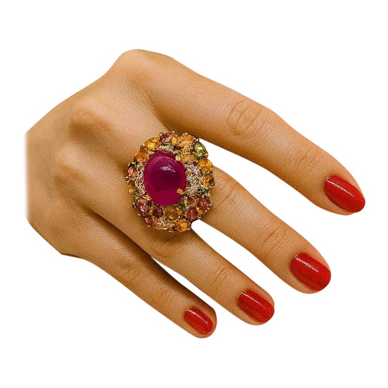 Anello Bochic "Orient" con rubino d'epoca, diamanti e zaffiri multipli in oro 18 carati e Si
