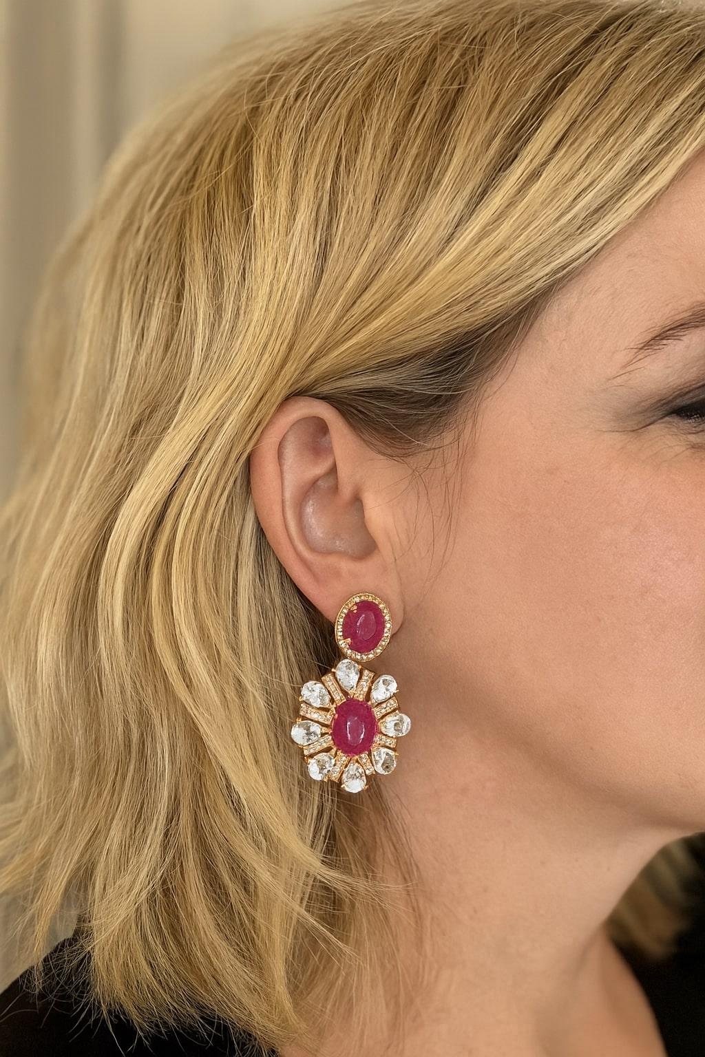 Bochic “Orient” Vintage Ruby, Diamonds & Topaz Earrings Set 18K Gold& Silver For Sale 5