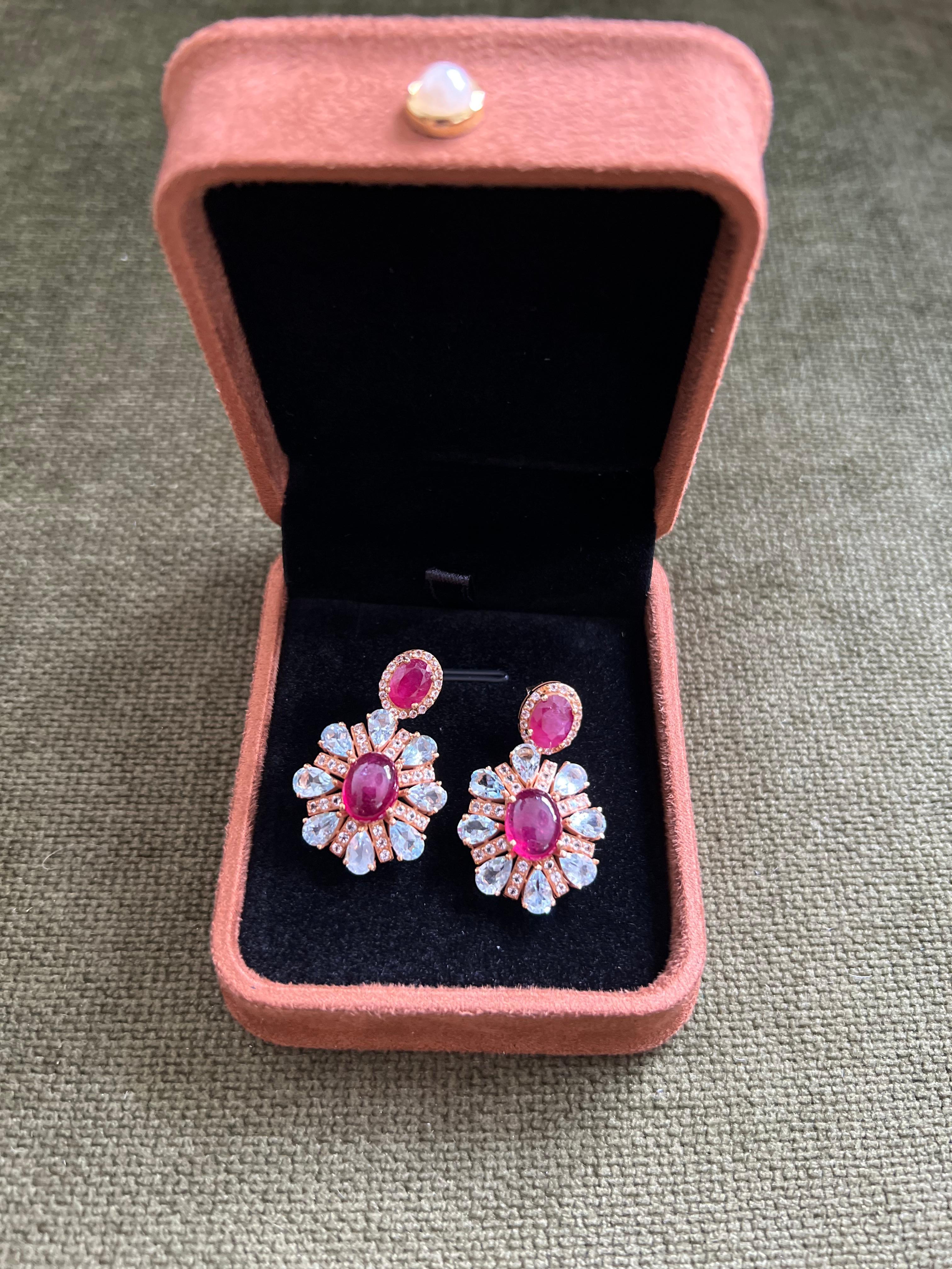 Brilliant Cut Bochic “Orient” Vintage Ruby, Diamonds & Topaz Earrings Set 18K Gold& Silver For Sale