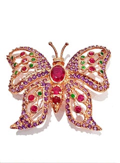 Bochic “Orient” Vintage Ruby & Emerald Brooch – 18K Gold over Silver