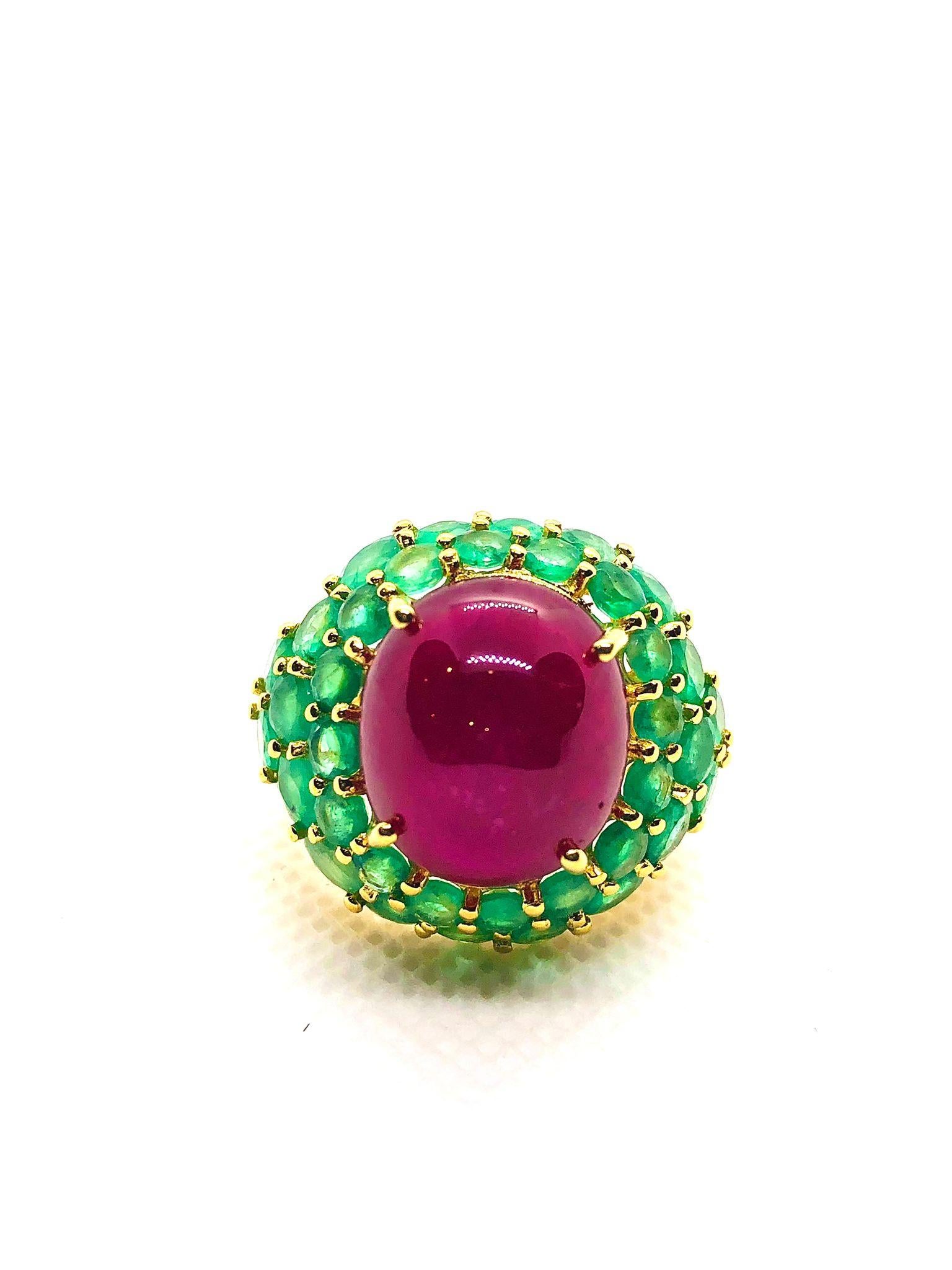 Bochic “Orient” Vintage Ruby & Emerald Cocktail Ring Set In 18K Gold & Silver For Sale 4