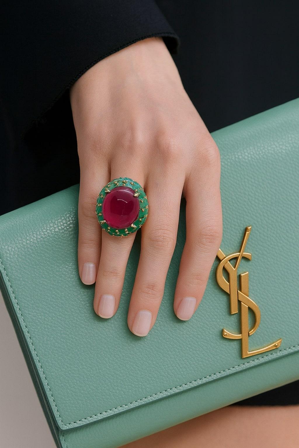 Bochic “Orient” Vintage Ruby & Emerald Cocktail Ring Set In 18K Gold & Silver For Sale 6