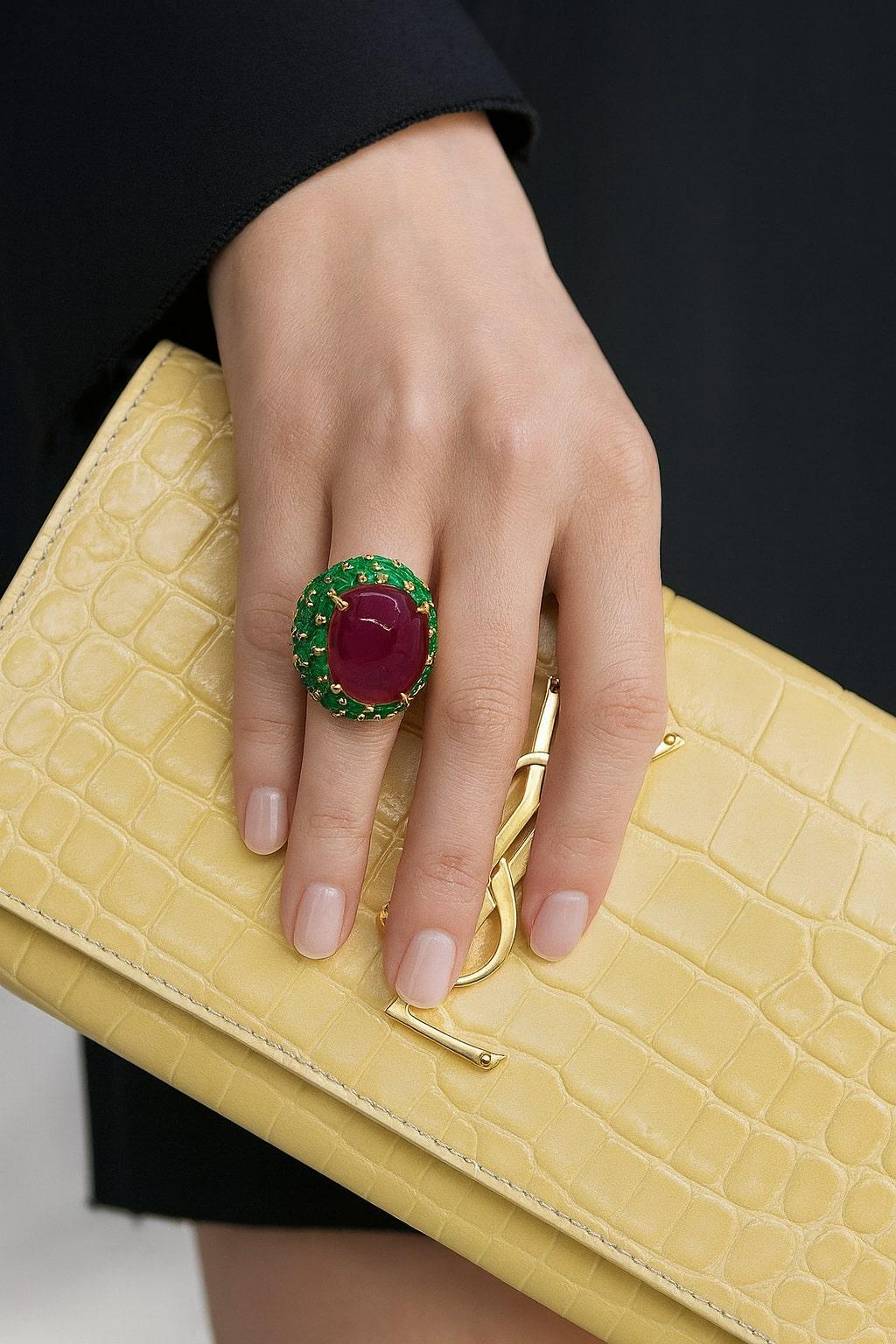Bochic “Orient” Vintage Ruby & Emerald Cocktail Ring Set In 18K Gold & Silver For Sale 7