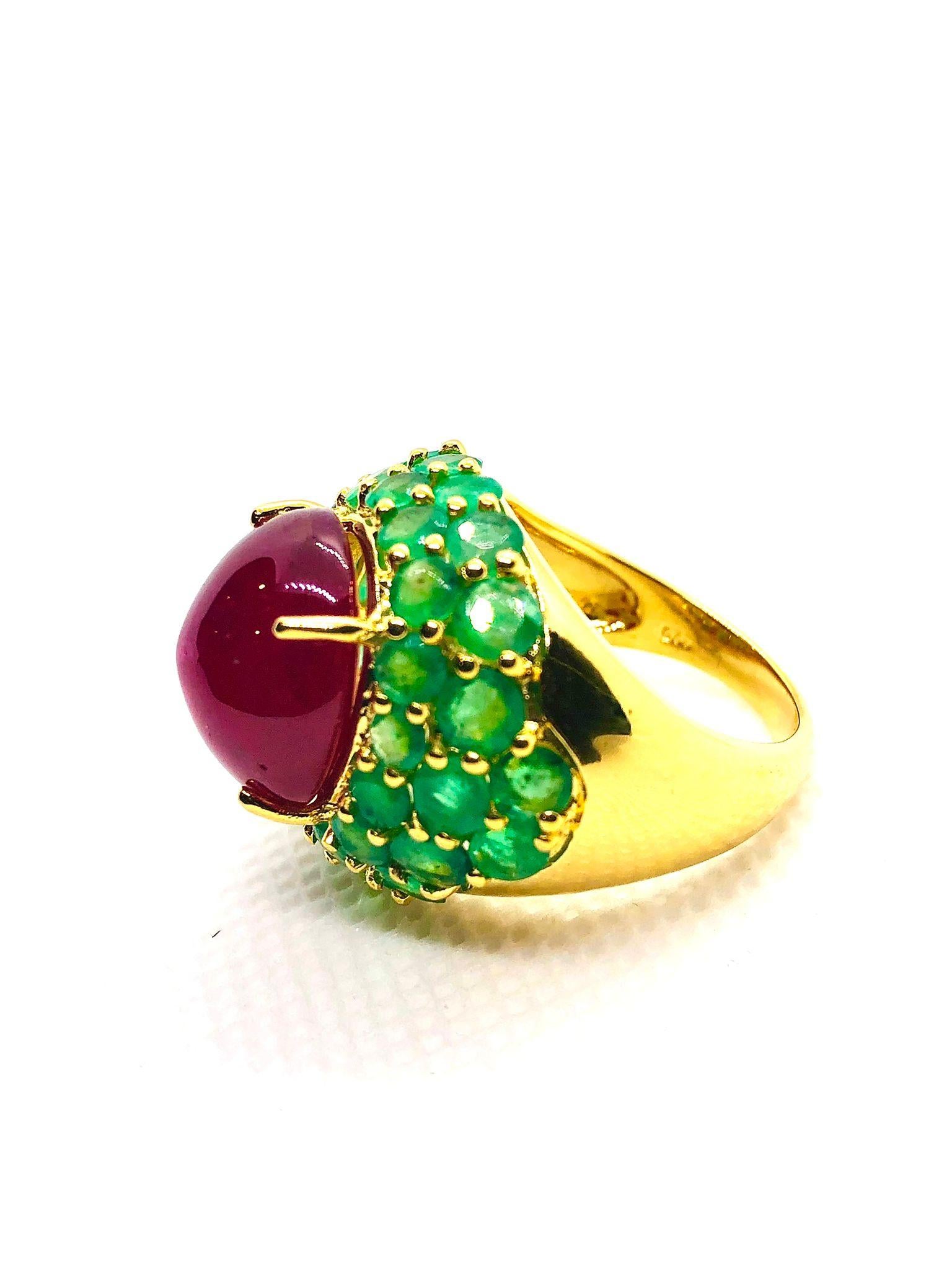 Bochic “Orient” Vintage Ruby & Emerald Cocktail Ring Set In 18K Gold & Silver For Sale 2