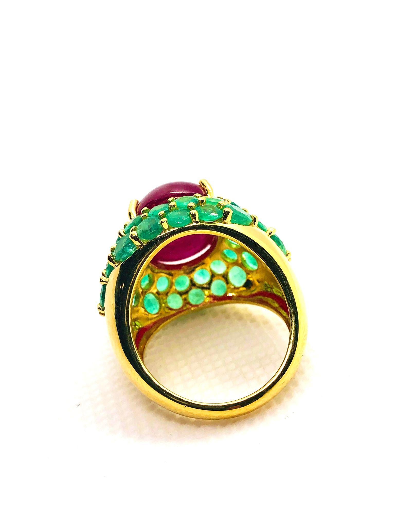 Bochic “Orient” Vintage Ruby & Emerald Cocktail Ring Set In 18K Gold & Silver For Sale 3