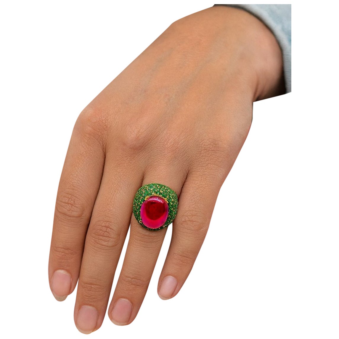 Bochic "Orient" Bague cocktail vintage en or 18 carats et argent avec rubis et émeraudes