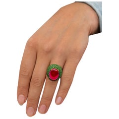 Bochic "Orient" Bague cocktail vintage en or 18 carats et argent avec rubis et émeraudes
