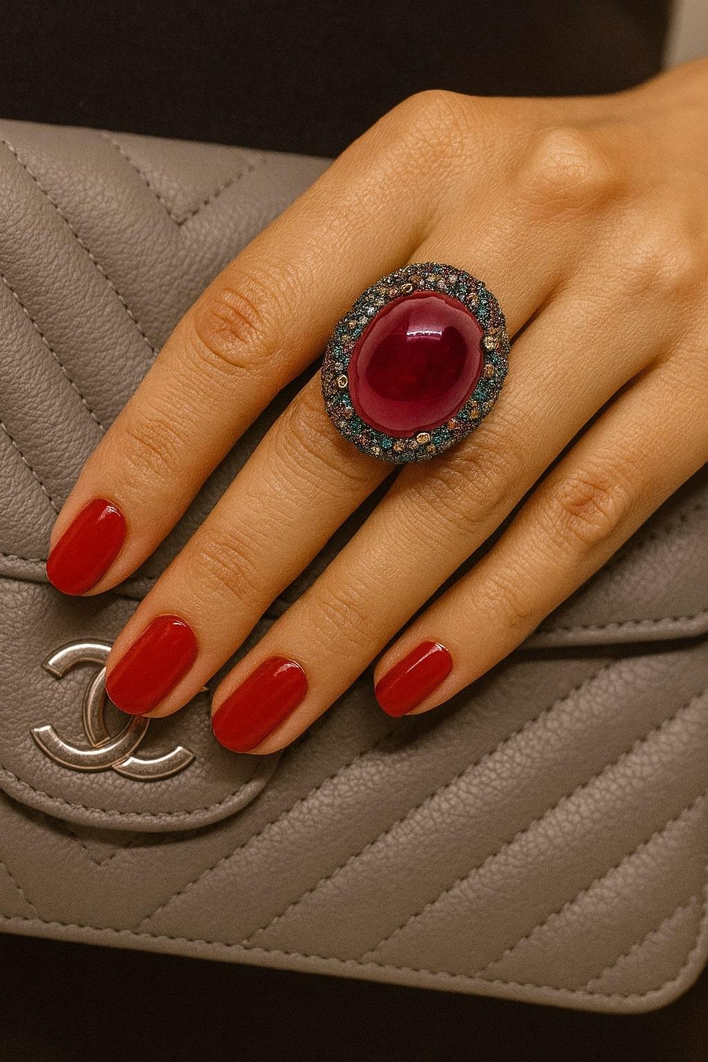 Anello da cocktail con rubino d'epoca e gemme multicolore di Bochic 