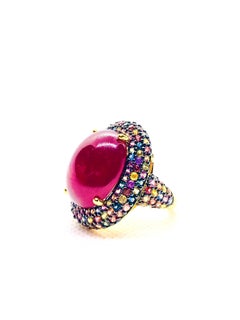 Bochic “Orient” Vintage Ruby & Fancy Multi Color Gems Cocktail Ring 18K Gold & S