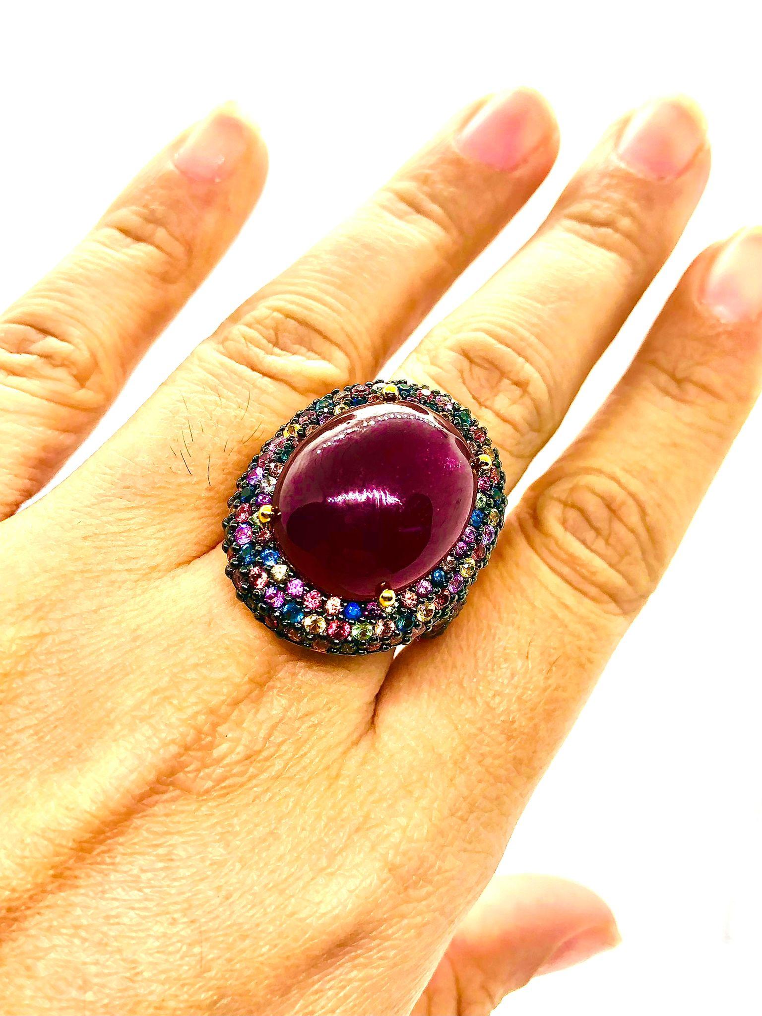 da uomo o donna Anello da cocktail con rubino d'epoca e gemme multicolore di Bochic 