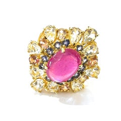 Bochic “Orient” Vintage Ruby & Fancy Multi Gem Cocktail Ring 18K Gold & Silver