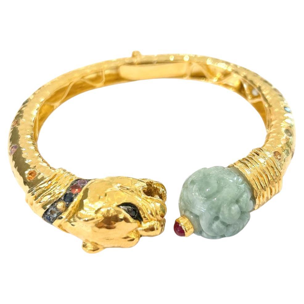 Bochic “Orient” Vintage Ruby, Jade & Multi Sapphire Dragon Bangle Set In 18K Gol For Sale