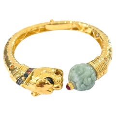 Bochic “Orient” Vintage Ruby, Jade & Multi Sapphire Dragon Bangle Set In 18K Gol