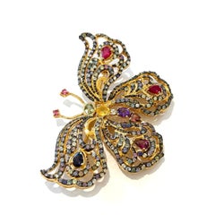 Bochic “Orient” Vintage Ruby & Multi Color Sapphire Brooch Set 18K Gold & Silver