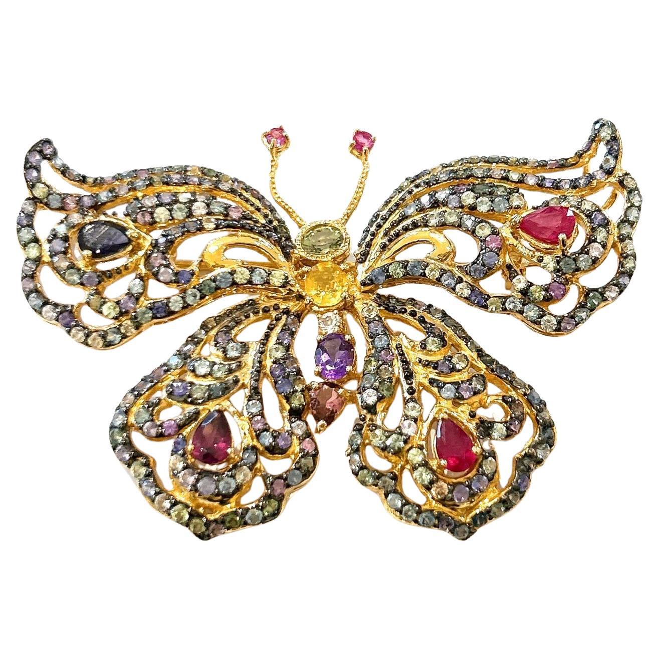 Bochic "Orient" Vintage Rubin & Multi Color Sapphire Brosche Set 18K Gold & Silber