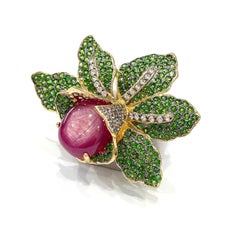 Bochic “Orient” Vintage Ruby & Multi Gem Brooch Set In 18 K Gold & Silver