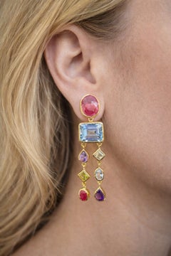 Juego de pendientes en cascada Bochic "Orient" Vintage de rubí y gemas múltiples Oro y plata de 18 quilates