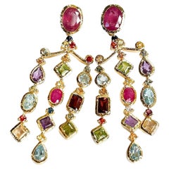 Bochic "Orient" Vintage Rubin & Multi Edelstein Kronleuchter Ohrringe Set 18K Gold&Silber
